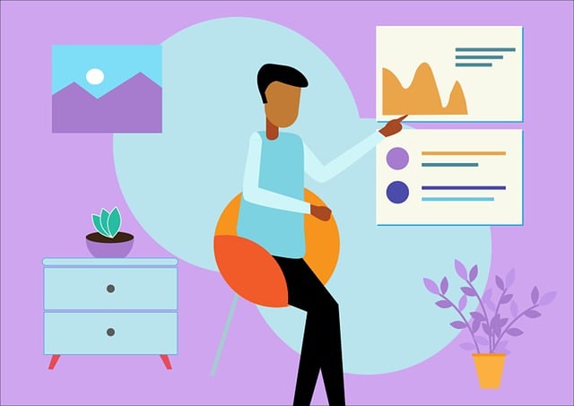 A violet vector image of a man presenting an analysis of charts.