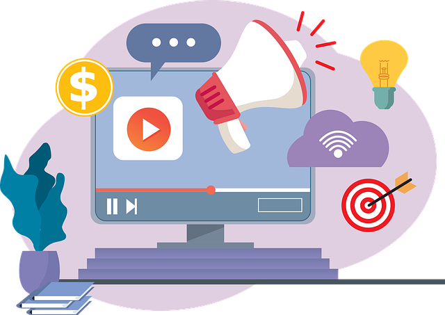 A vector image of a purple computer with the screen surrounded by icons of marketing sources.