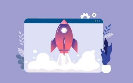 A vector image of a web page with a rocket launching out of it.
