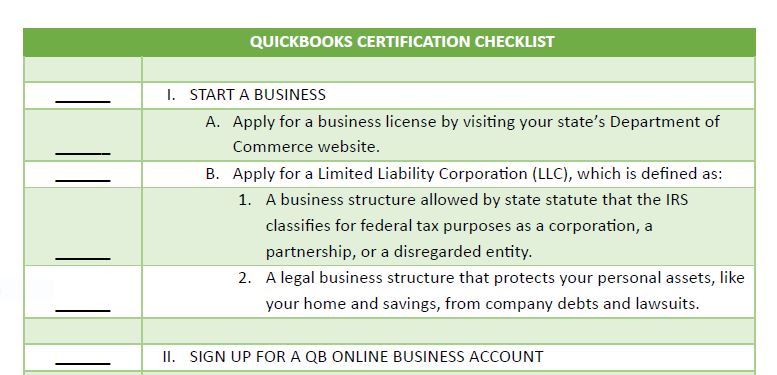 A green and white table checklist outline.
